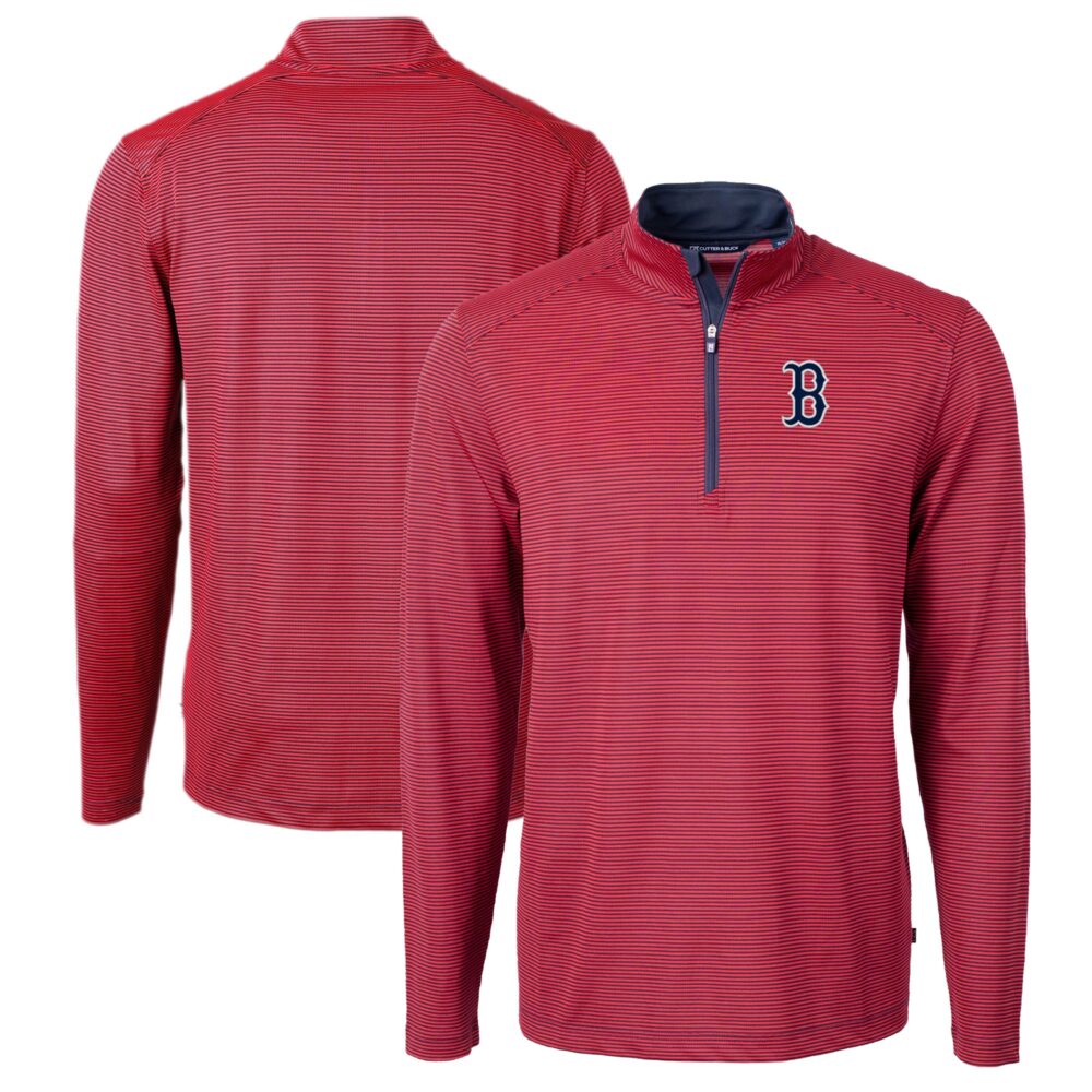 Men's Boston Red Sox Cutter & Buck Red/Navy Virtue Eco Pique Micro Stripe Big & Tall Recycled Quarter-Zip Pullover Top