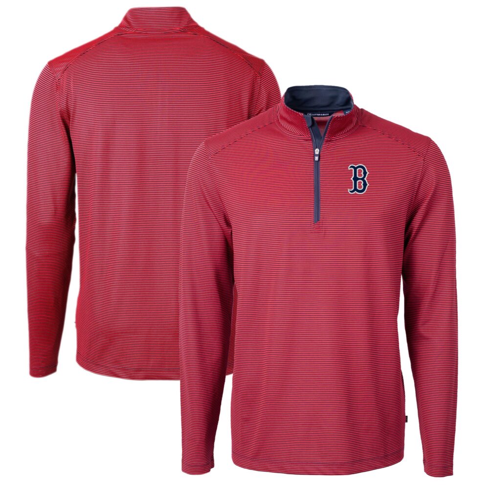 Men's Boston Red Sox Cutter & Buck Red/Navy Virtue Eco Pique Micro Stripe Recycled Quarter-Zip Pullover Top