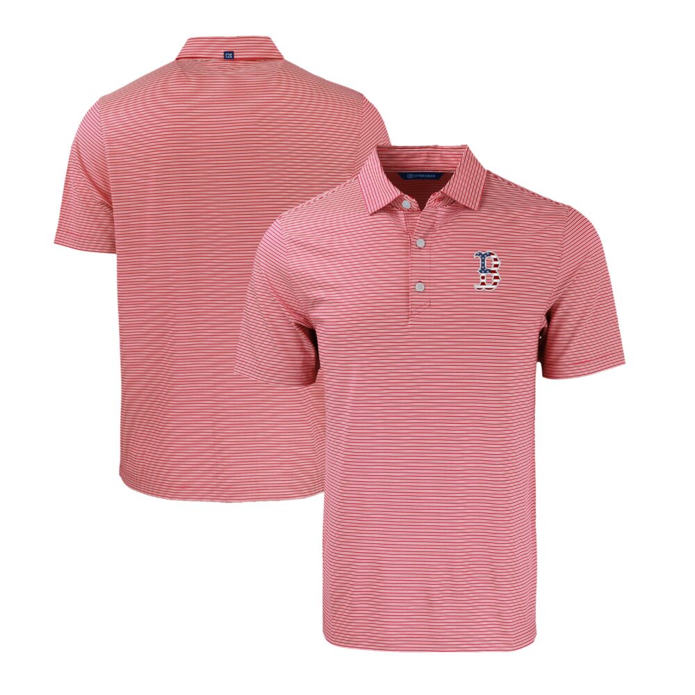 Men's Boston Red Sox  Cutter & Buck Red/White Stars & Stripes Forge Eco Double Stripe Stretch Recycled Polo