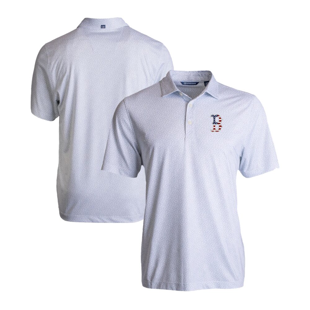 Men's Boston Red Sox  Cutter & Buck White Stars & Stripes Pike Eco Pebble Print Stretch Recycled Polo