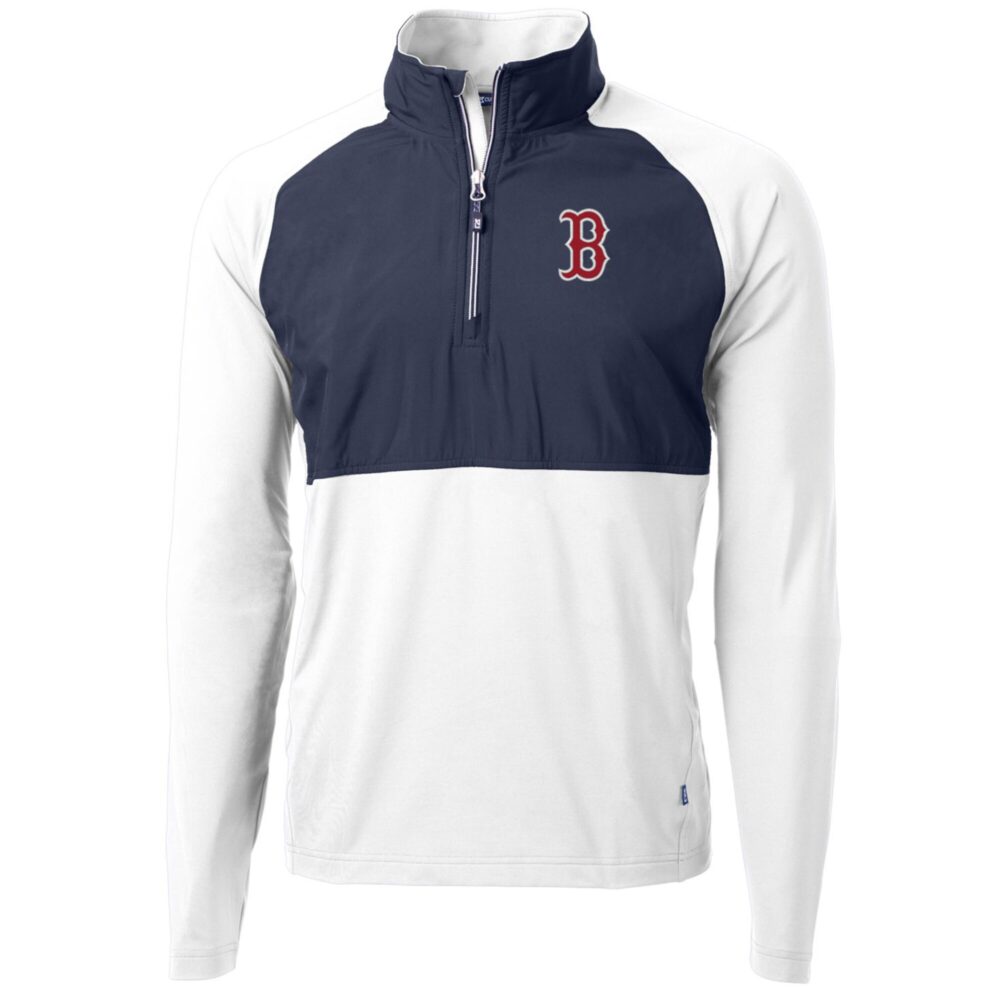 Men's Boston Red Sox Cutter & Buck White/Navy Adapt Eco Knit Hybrid Recycled Quarter-Zip Pullover Jacket
