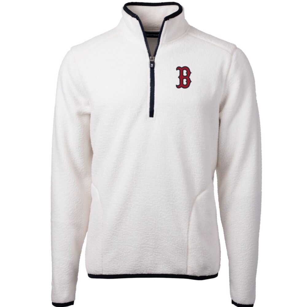 Men's Boston Red Sox Cutter & Buck White/Navy Cascade Eco Sherpa Fleece Quarter-Zip Pullover Jacket