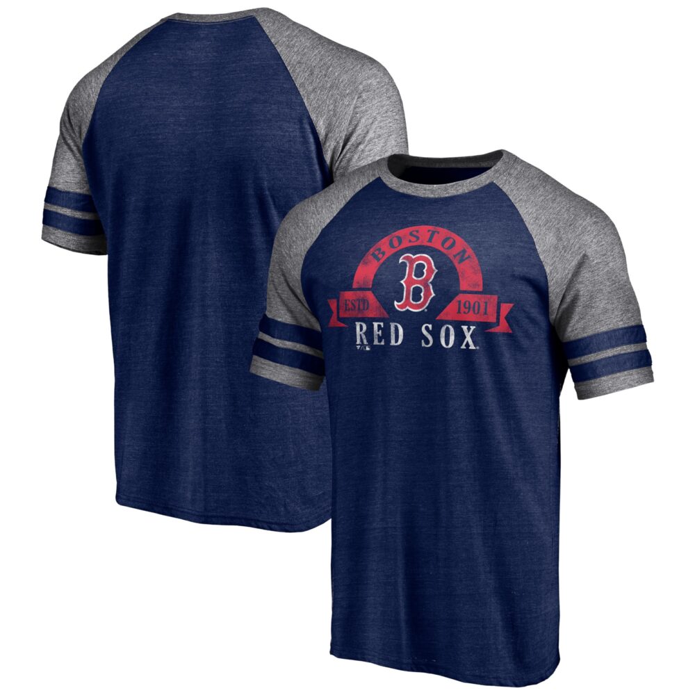 Men's Boston Red Sox  Branded Heather Navy Utility Two-Stripe Raglan Tri-Blend T-Shirt
