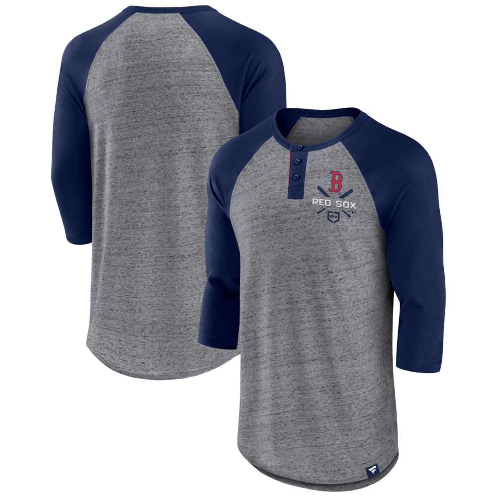 Men's Boston Red Sox  Branded Heathered Gray/Navy Iconic Above Heat Speckled Raglan Henley 3/4 Sleeve T-Shirt