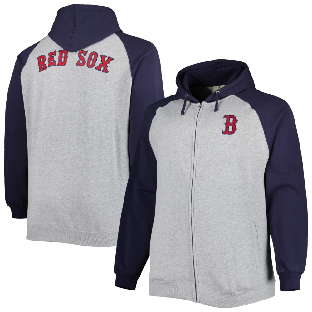 Men's Boston Red Sox Heather Gray/Navy Big & Tall Raglan Hoodie Full-Zip Sweatshirt