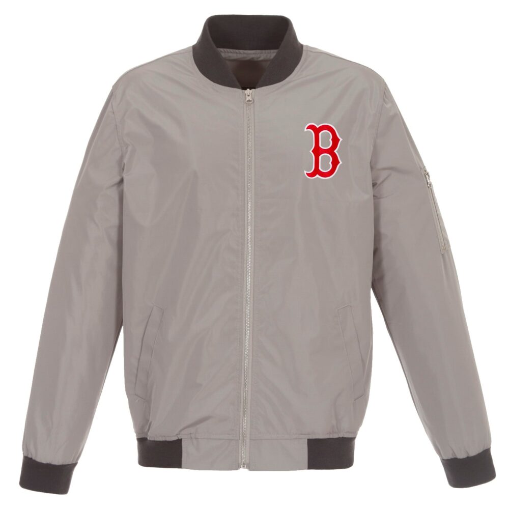 Men's Boston Red Sox JH Design Gray Lightweight Nylon Bomber Jacket
