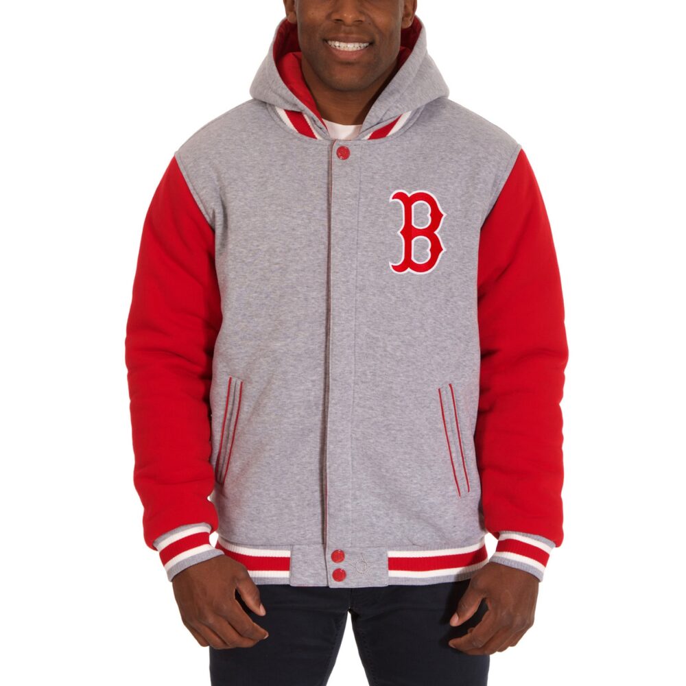 Men's Boston Red Sox JH Design Gray Reversible Fleece Full Snap Hoodie