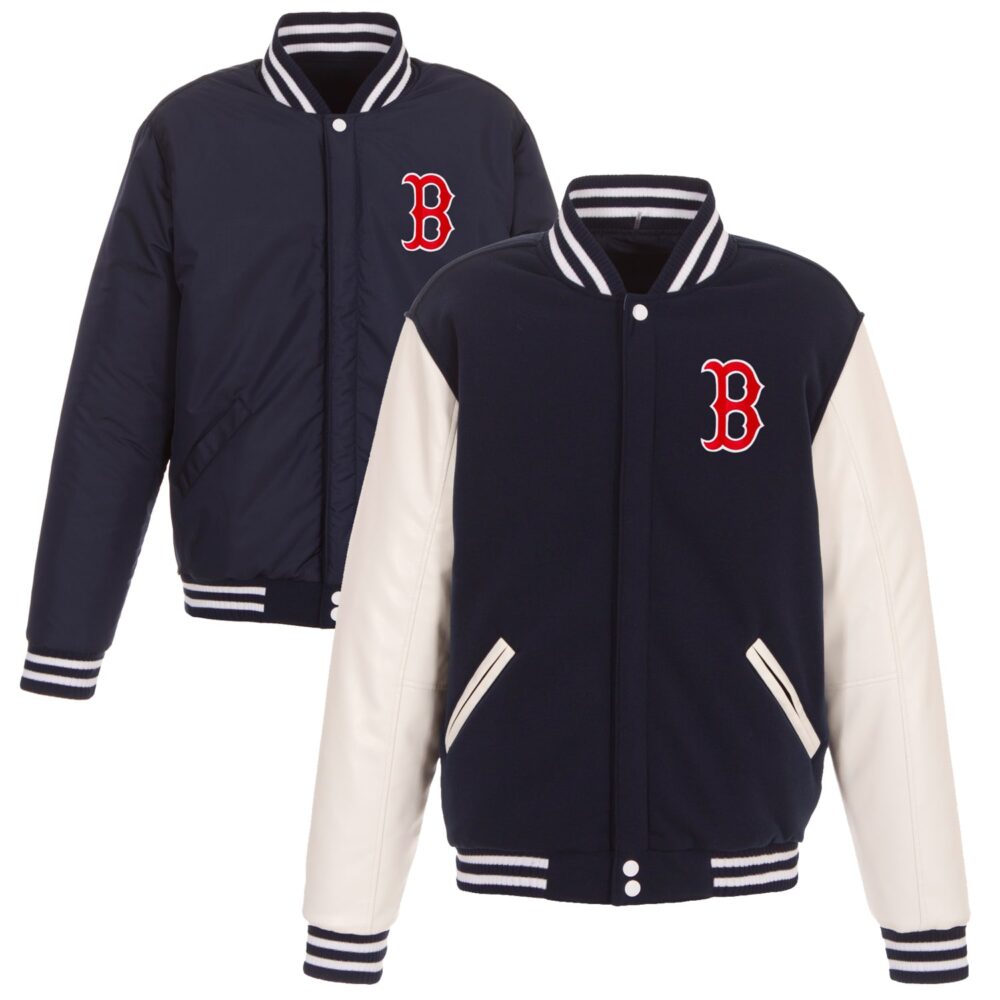 Men's Boston Red Sox JH Design Navy Reversible Fleece Jacket with Faux Leather Sleeves