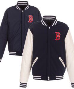 Men's Boston Red Sox JH Design Navy Reversible Fleece Jacket with Faux Leather Sleeves