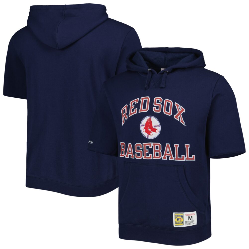 Men's Boston Red Sox Mitchell & Ness Navy Cooperstown Collection Washed Fleece Pullover Short Sleeve Hoodie