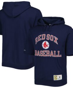 Men's Boston Red Sox Mitchell & Ness Navy Cooperstown Collection Washed Fleece Pullover Short Sleeve Hoodie