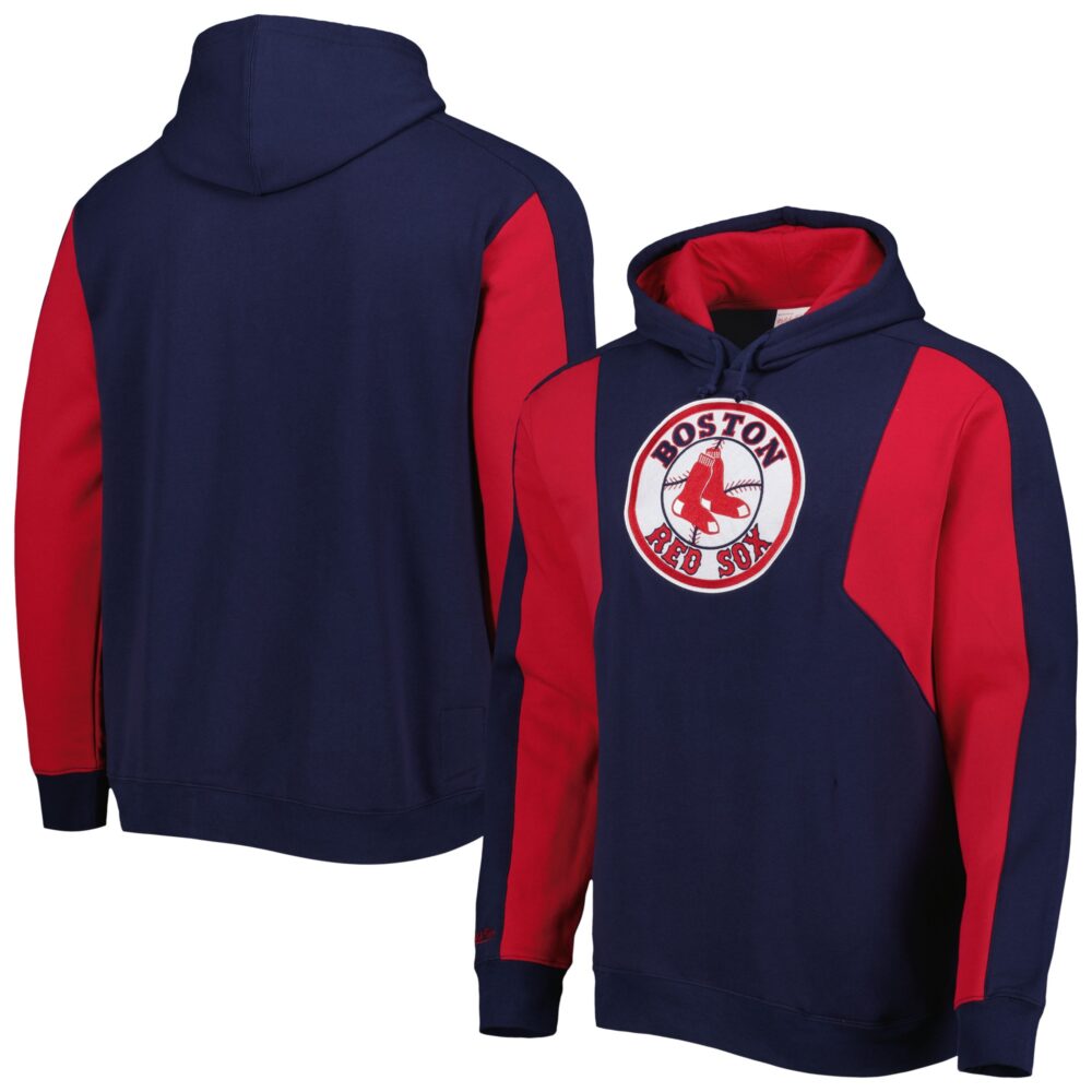 Men's Boston Red Sox Mitchell & Ness Navy/Red Colorblocked Fleece Pullover Hoodie