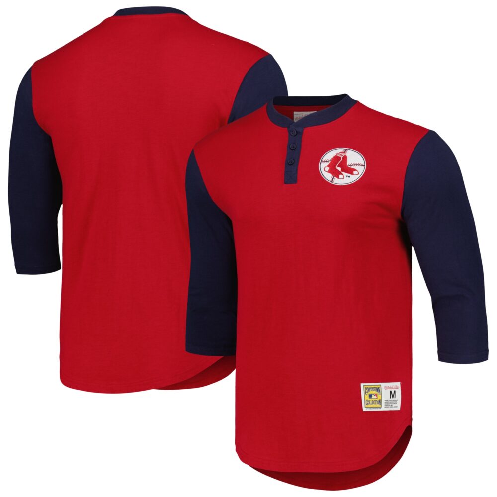 Men's Boston Red Sox Mitchell & Ness Red Cooperstown Collection Legendary Slub Henley 3/4-Sleeve T-Shirt