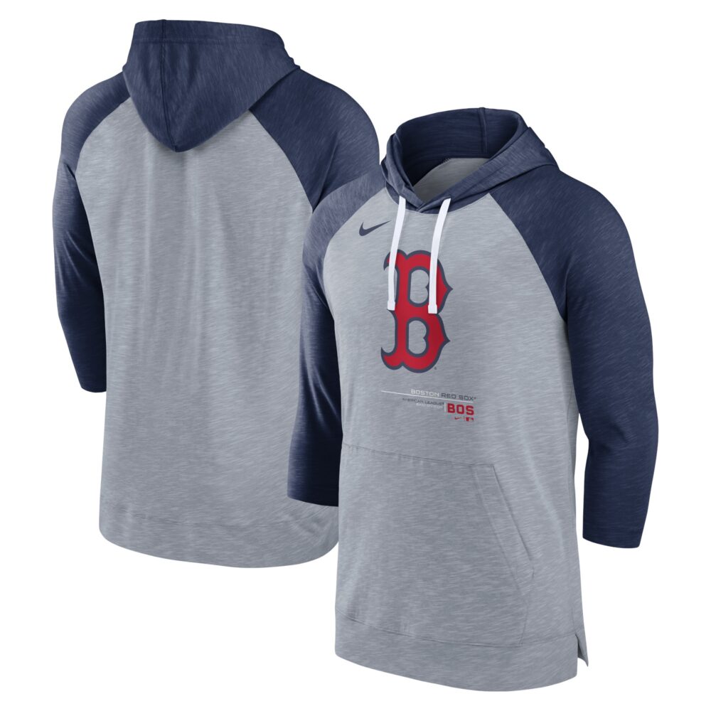 Men's Boston Red Sox Nike Heather Gray/Heather Navy Baseball Raglan 3/4-Sleeve Pullover Hoodie