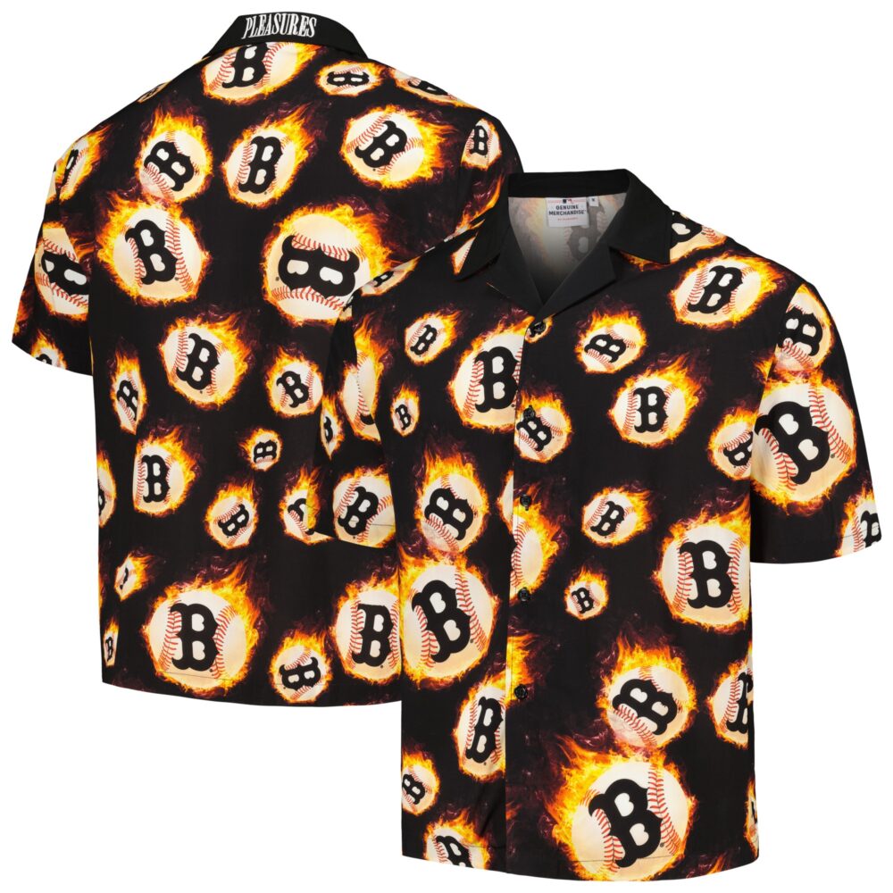 Men's Boston Red Sox  PLEASURES Black Flame Fireball Button-Up Shirt