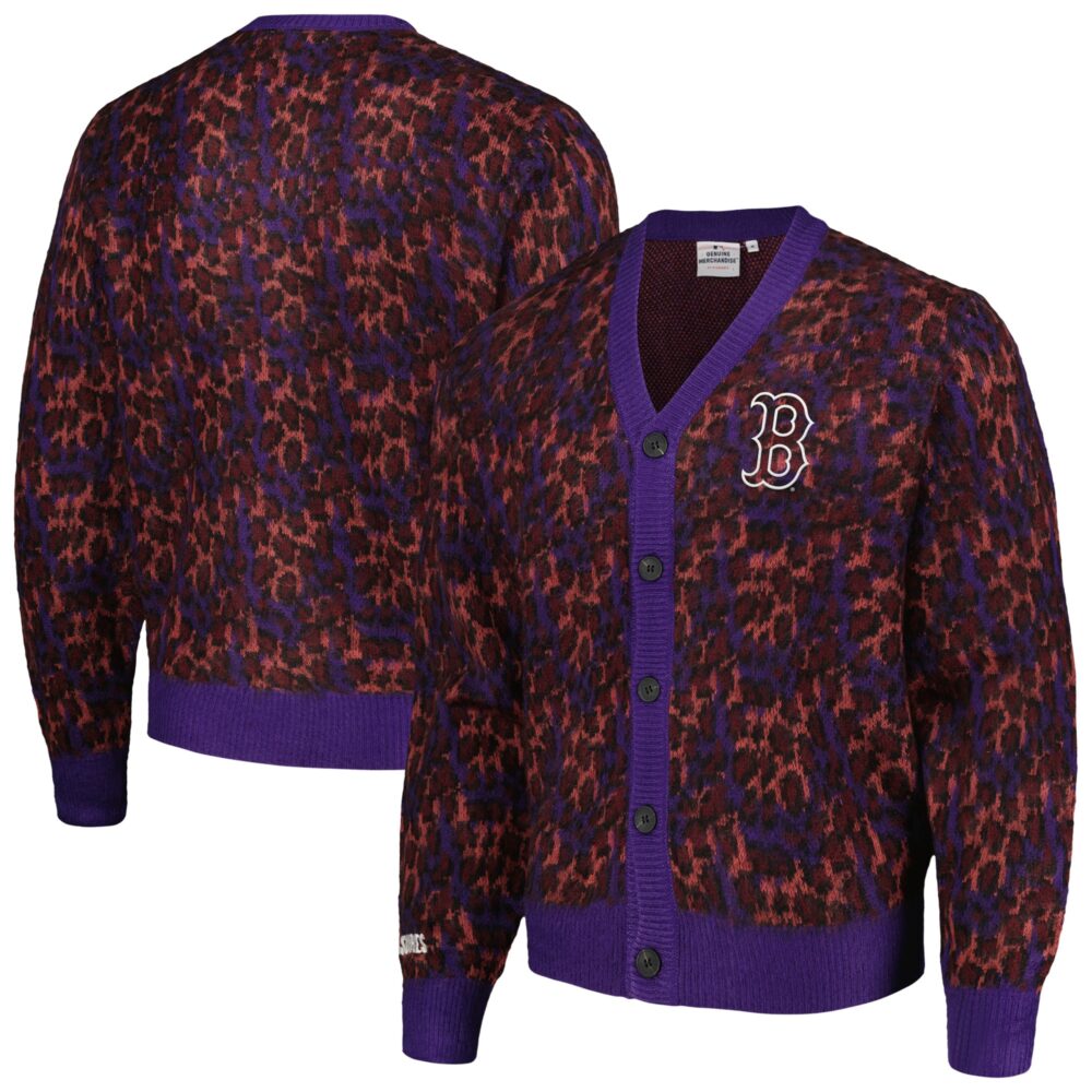 Men's Boston Red Sox PLEASURES Purple Cheetah Cardigan Button-Up Sweater