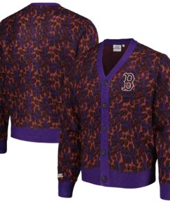 Men's Boston Red Sox PLEASURES Purple Cheetah Cardigan Button-Up Sweater