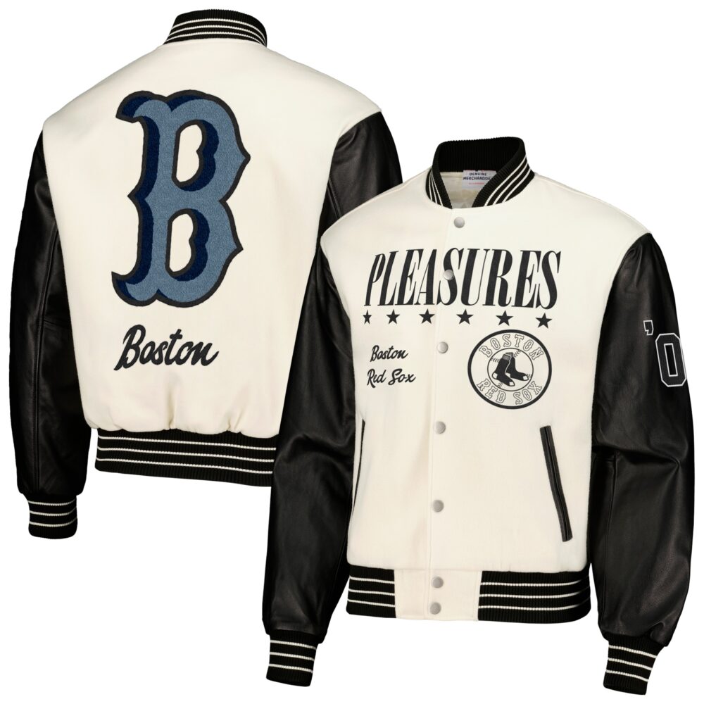 Men's Boston Red Sox PLEASURES White Full-Snap Varsity Jacket