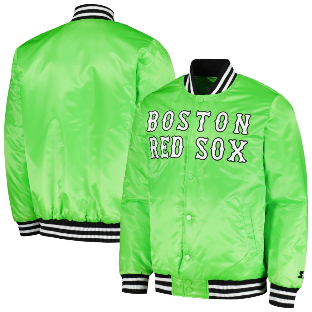 Men's Boston Red Sox Starter Neon Green Cross Bronx Fashion Satin Full-Snap Varsity Jacket