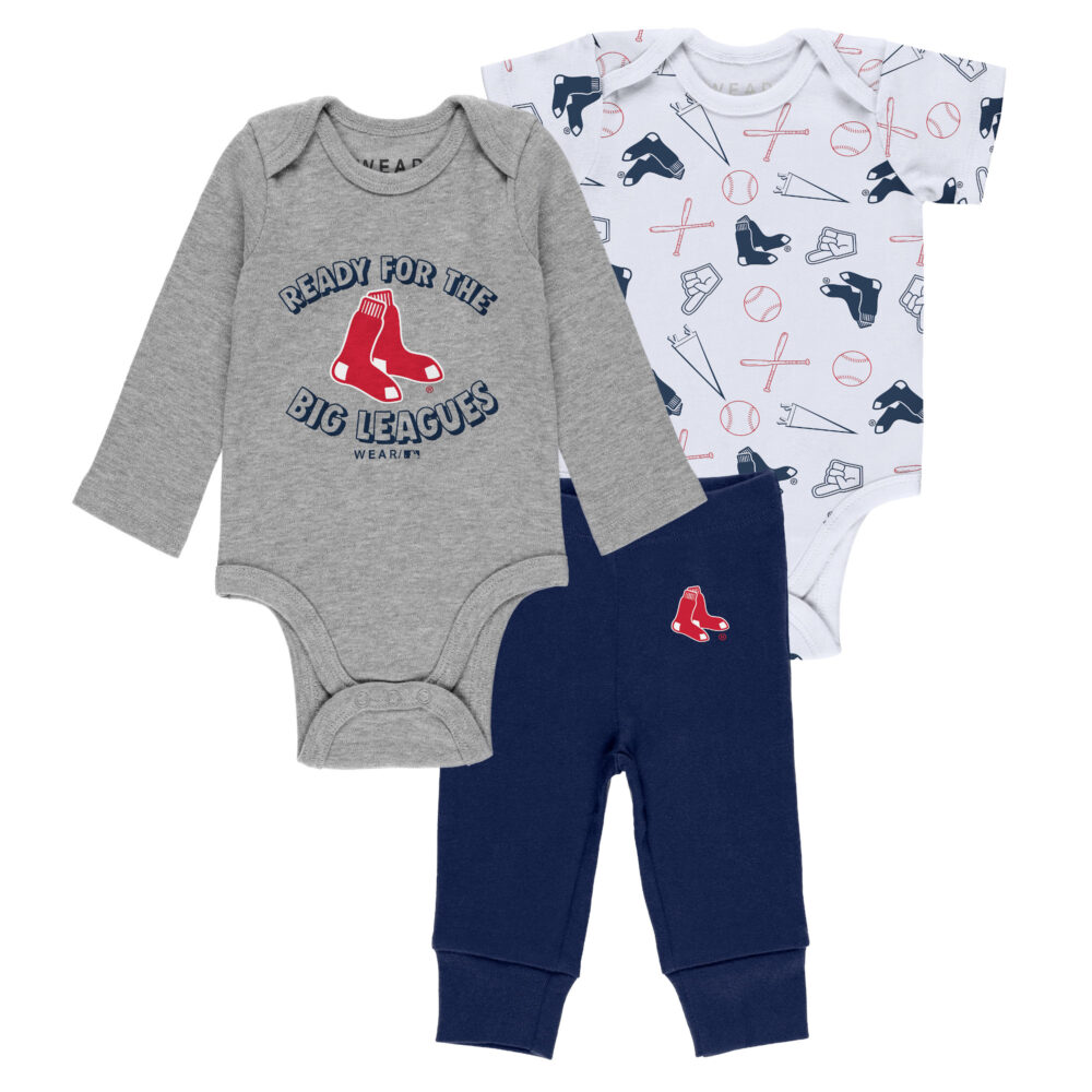 Newborn & Infant Boston Red Sox WEAR by Erin Andrews Gray/White/Navy Three-Piece Turn Me Around Bodysuits & Pant Set