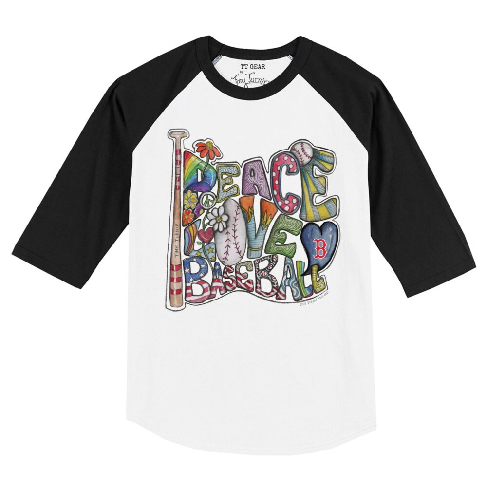Toddler Boston Red Sox Tiny Turnip White/Black Peace Love Baseball Raglan 3/4 Sleeve T-Shirt