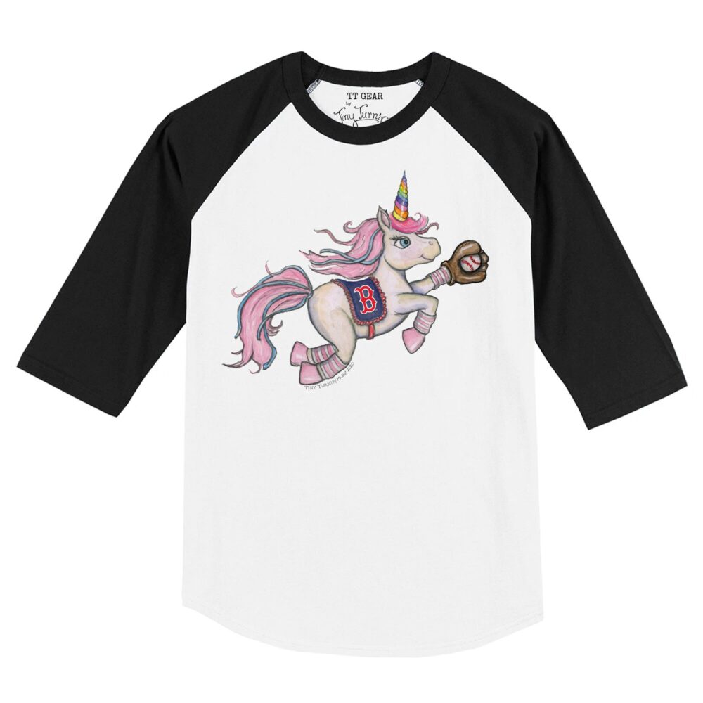 Toddler Boston Red Sox Tiny Turnip White/Black Unicorn Raglan 3/4 Sleeve T-Shirt
