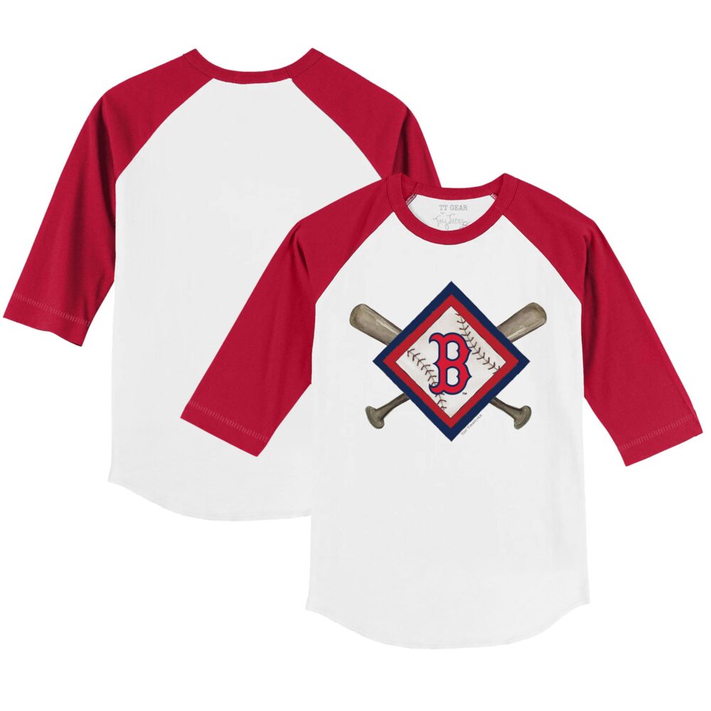 Toddler Boston Red Sox Tiny Turnip White/Red Diamond Cross Bats 3/4-Sleeve Raglan T-Shirt