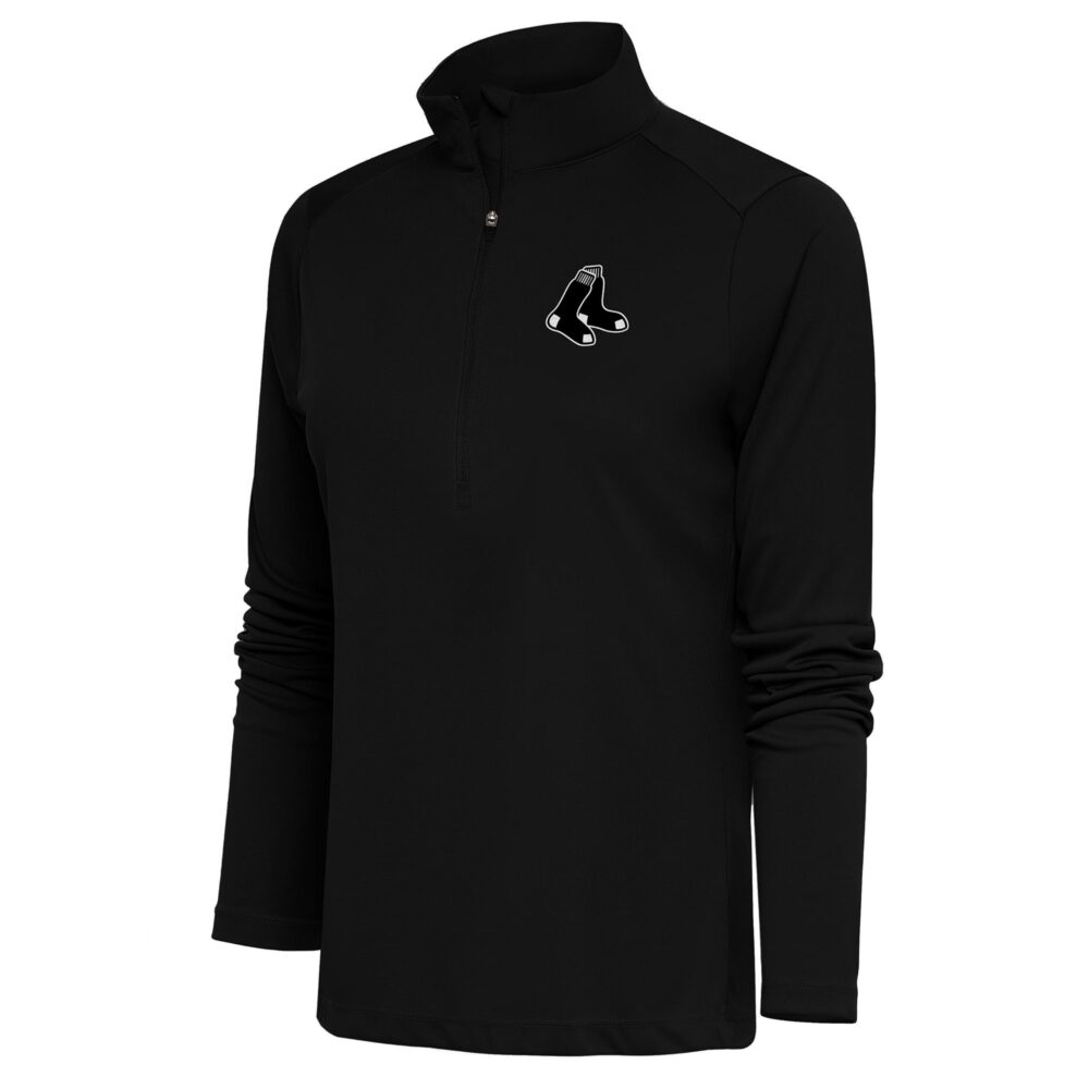 Women's Boston Red Sox  Antigua Black Brushed Metallic Tribute Half-Zip Pullover Top