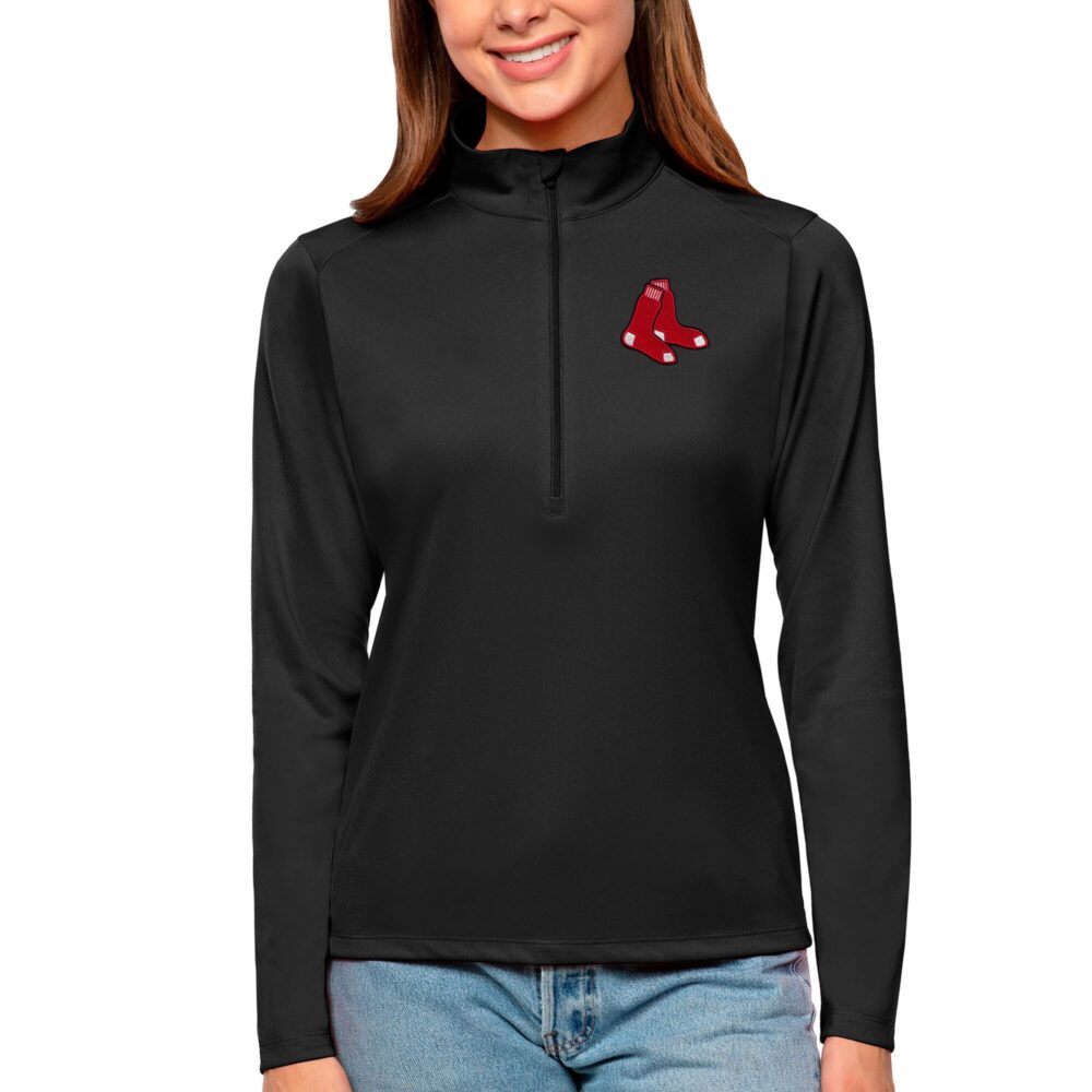 Women's Boston Red Sox Antigua Black Tribute Quarter-Zip Pullover Top