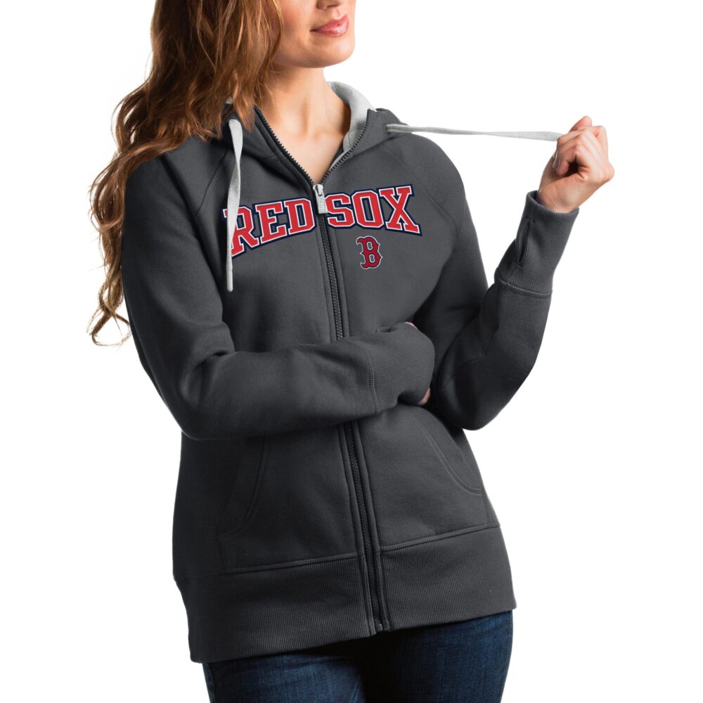 Women's Boston Red Sox Antigua Charcoal Team Logo Victory Full-Zip Hoodie