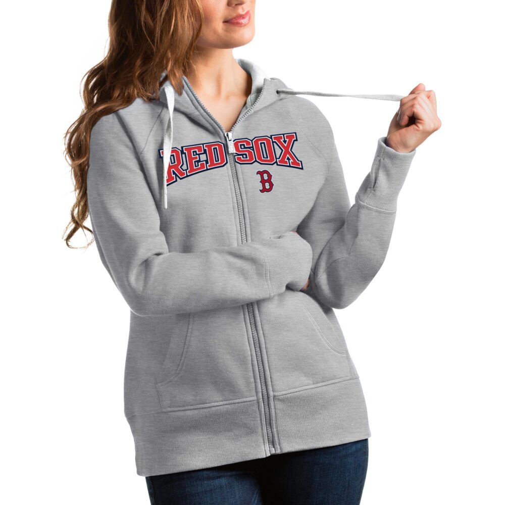 Women's Boston Red Sox Antigua Heather Gray Team Logo Victory Full-Zip Hoodie