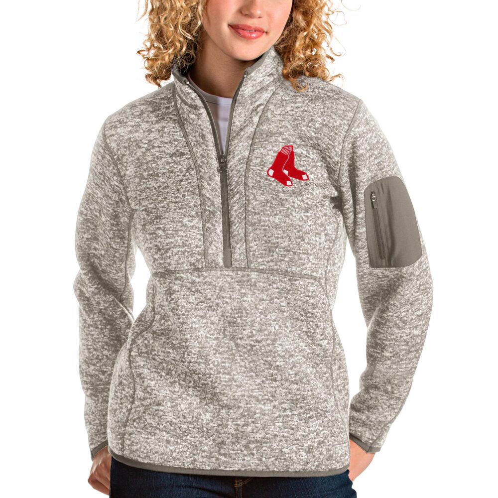 Women's Boston Red Sox Antigua Oatmeal Fortune Quarter-Zip Pullover Jacket