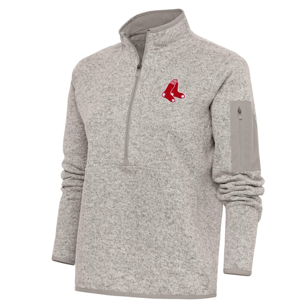 Women's Boston Red Sox Antigua Oatmeal Logo Fortune Quarter-Zip Pullover Jacket