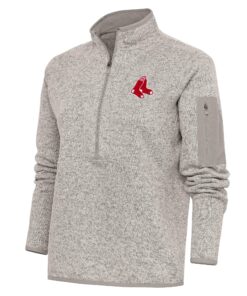 Women's Boston Red Sox Antigua Oatmeal Logo Fortune Quarter-Zip Pullover Jacket