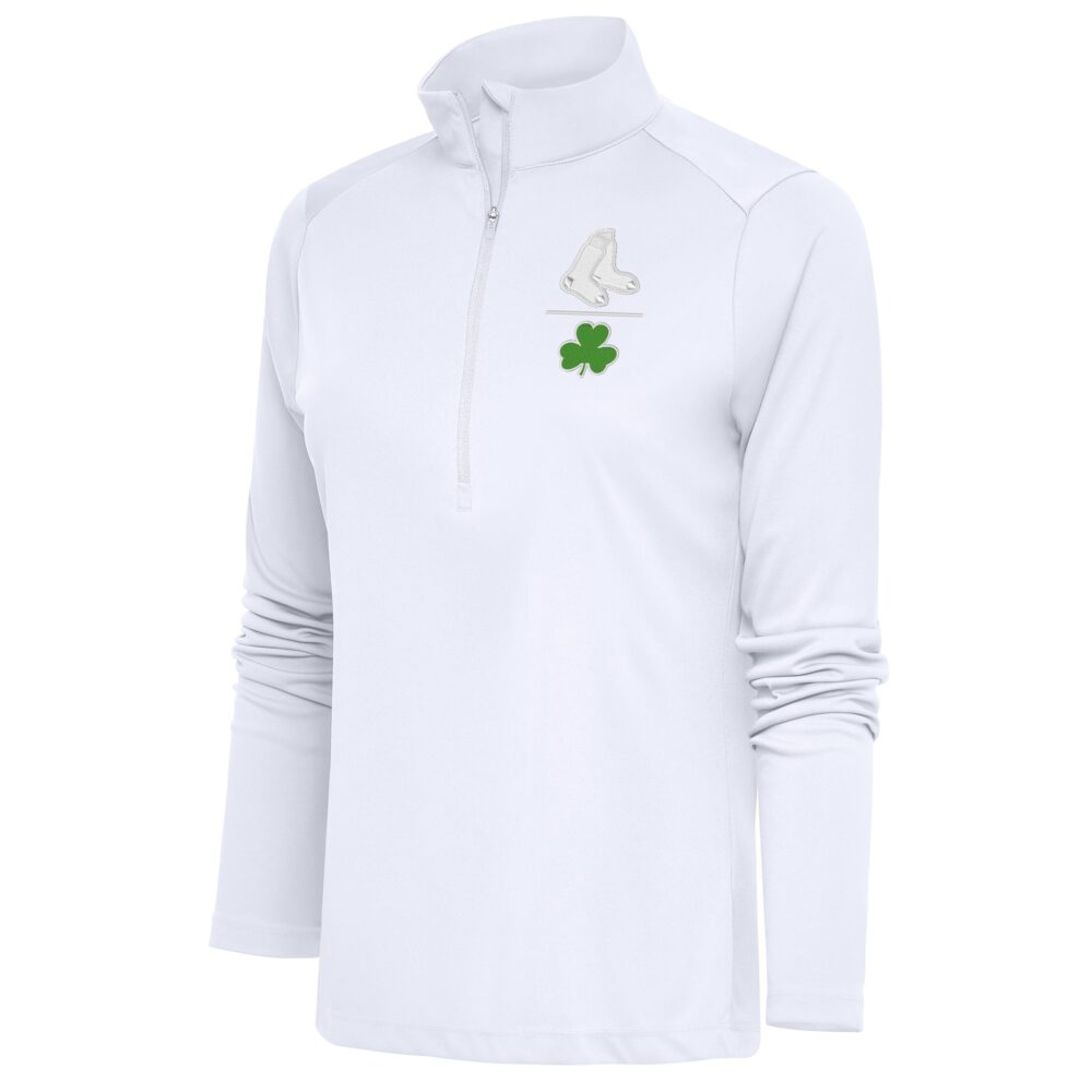 Women's Boston Red Sox  Antigua White Shamrock Tribute Half-Zip Pullover Top