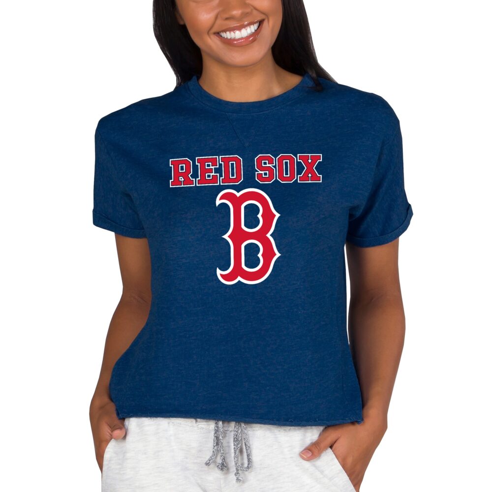 Women's Boston Red Sox  Concepts Sport Navy Tri-Blend Mainstream Terry Short Sleeve Sweatshirt Top