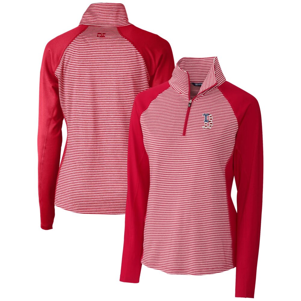 Women's Boston Red Sox Cutter & Buck Cardinal Americana Logo Forge Tonal Stripe Stretch Half-Zip Pullover Top