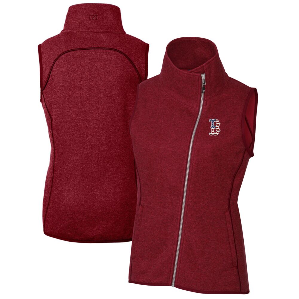 Women's Boston Red Sox Cutter & Buck Cardinal Americana Logo Mainsail Sweater-Knit Full-Zip Asymmetrical Vest