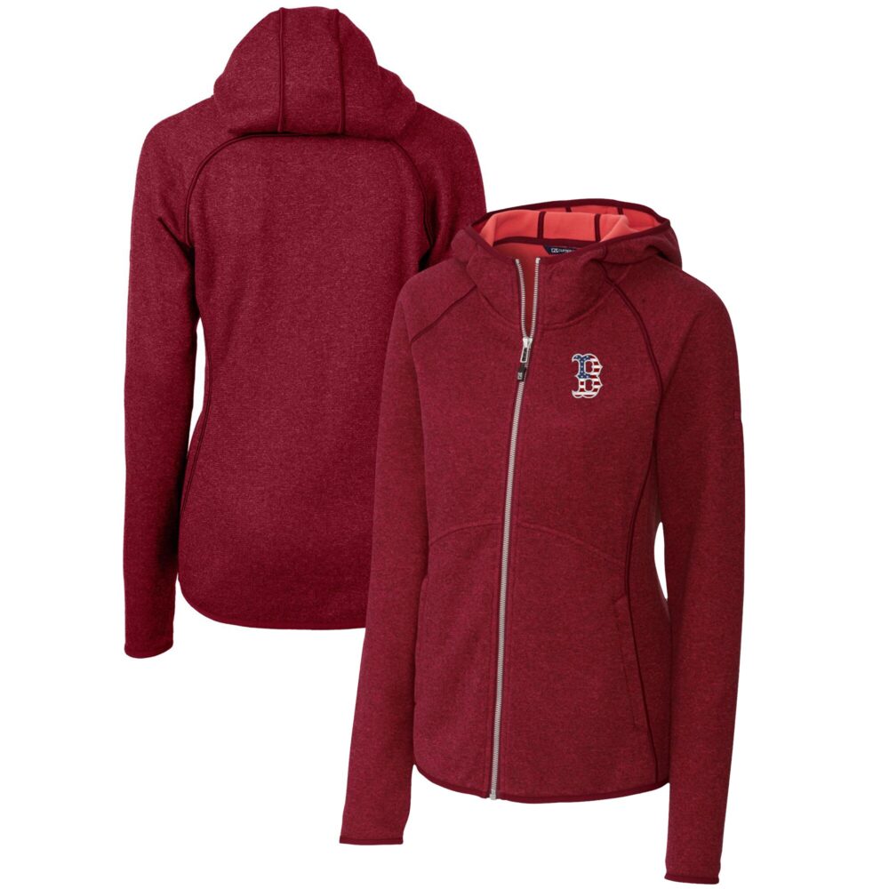 Women's Boston Red Sox Cutter & Buck Cardinal Americana Logo Mainsail Sweater-Knit Full-Zip Hoodie
