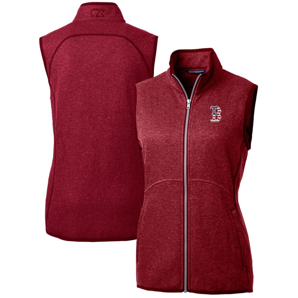 Women's Boston Red Sox Cutter & Buck Cardinal Americana Logo Mainsail Sweater-Knit Full-Zip Vest
