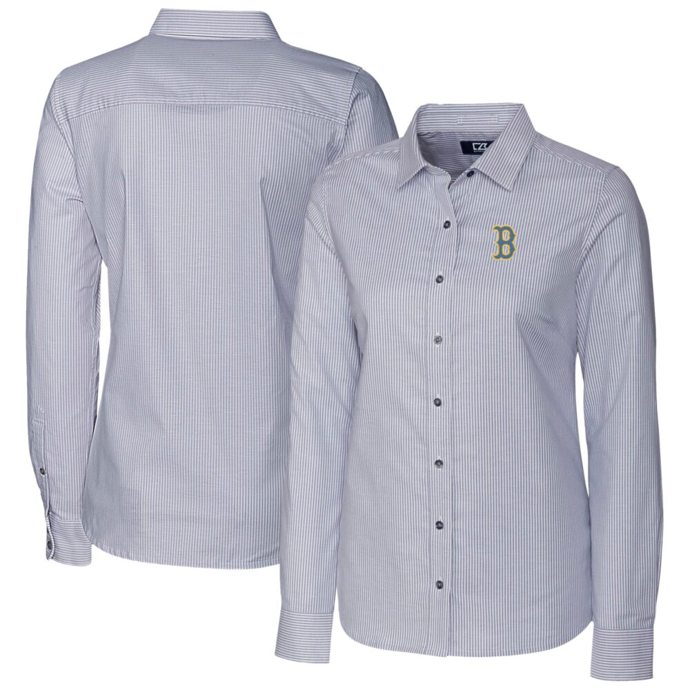 Women's Boston Red Sox Cutter & Buck Charcoal City Connect Oxford Stripe Stretch Dress Shirt