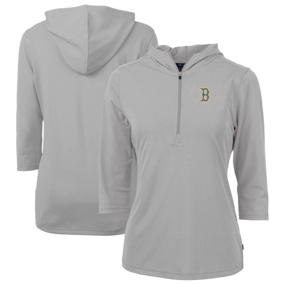 Women's Boston Red Sox Cutter & Buck Gray City Connect Virtue Eco Pique Recycled Half-Zip Pullover Hoodie