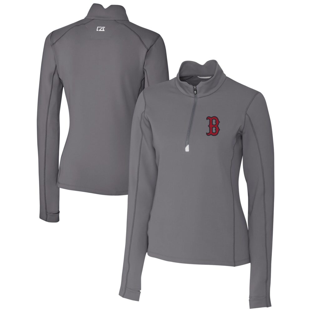 Women's Boston Red Sox  Cutter & Buck Gray DryTec Traverse Stretch Quarter-Zip Pullover Top