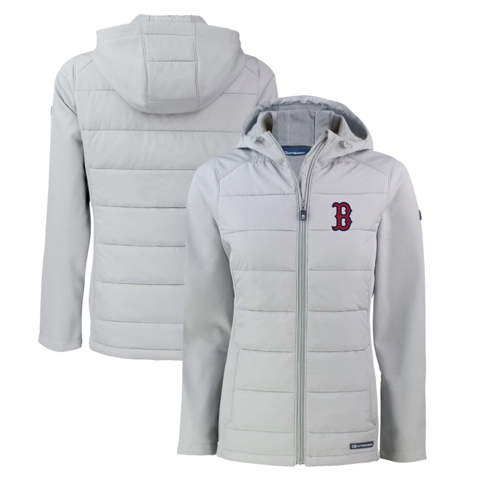 Women's Boston Red Sox  Cutter & Buck Gray Evoke Hybrid Eco Softshell Recycled Full-Zip Hoodie Jacket