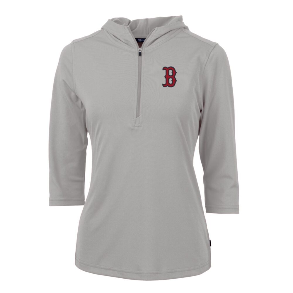Women's Boston Red Sox Cutter & Buck Gray Virtue Eco Pique 3/4 Sleeve Half-Zip Pullover Hoodie