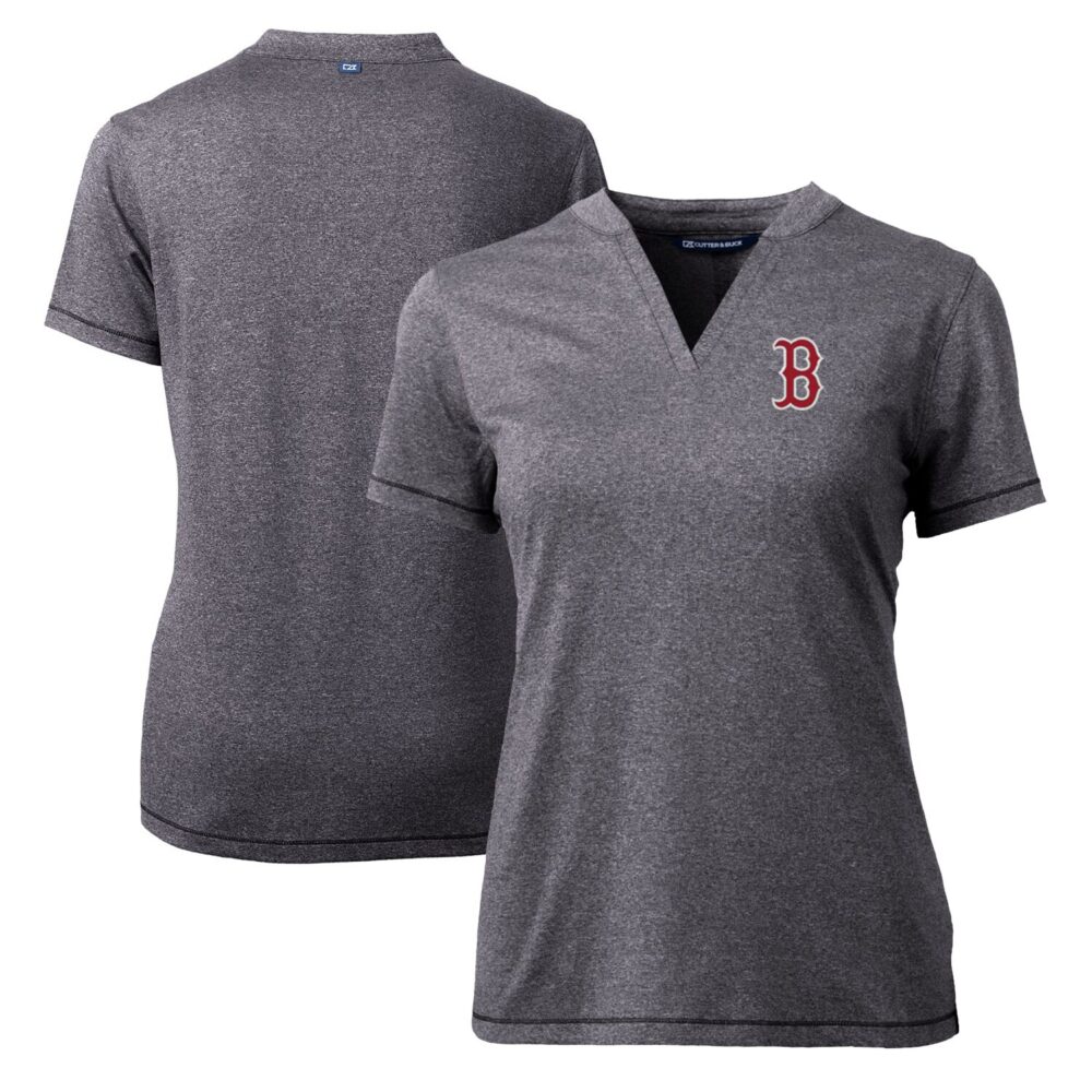 Women's Boston Red Sox Cutter & Buck Heather Charcoal DryTec Forge Stretch V-Neck Blade Top