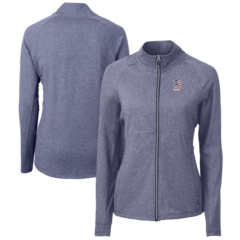 Women's Boston Red Sox Cutter & Buck Heather Navy Adapt Eco Knit Heather Recycled Full-Zip Top