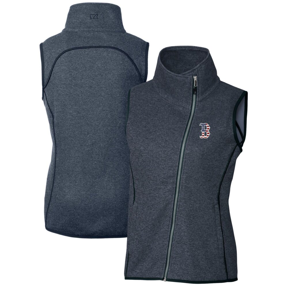 Women's Boston Red Sox Cutter & Buck Heather Navy Americana Logo Mainsail Sweater-Knit Full-Zip Asymmetrical Vest