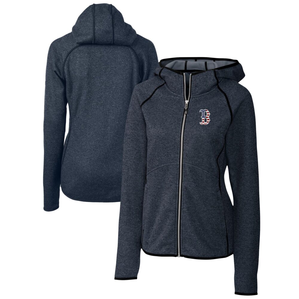 Women's Boston Red Sox Cutter & Buck Heather Navy Americana Logo Mainsail Sweater-Knit Full-Zip Hoodie