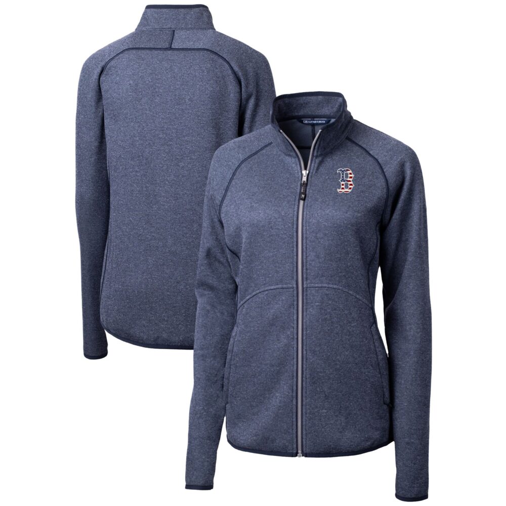 Women's Boston Red Sox Cutter & Buck Heather Navy Americana Logo Mainsail Sweater-Knit Full-Zip Jacket